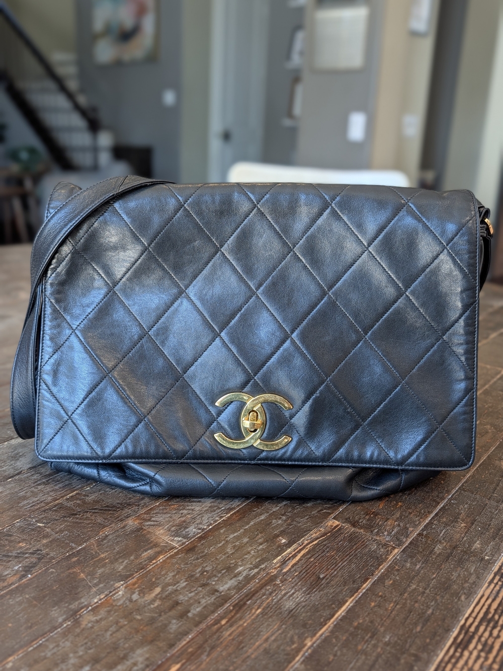 Chanel Quilted Lambskin Messenger Bag in Black with Gold Hardware